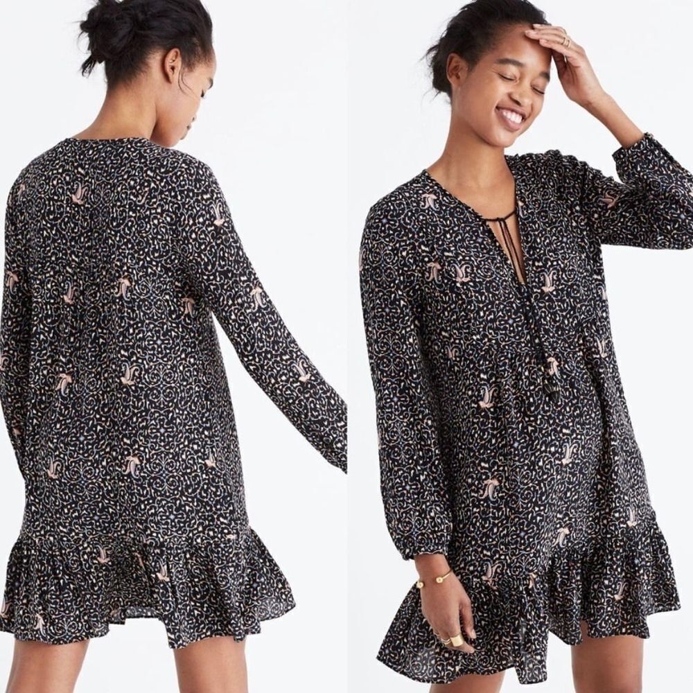 New Madewell Black 100% Silk Fiesta Paisley Ruffle Dress Size 00